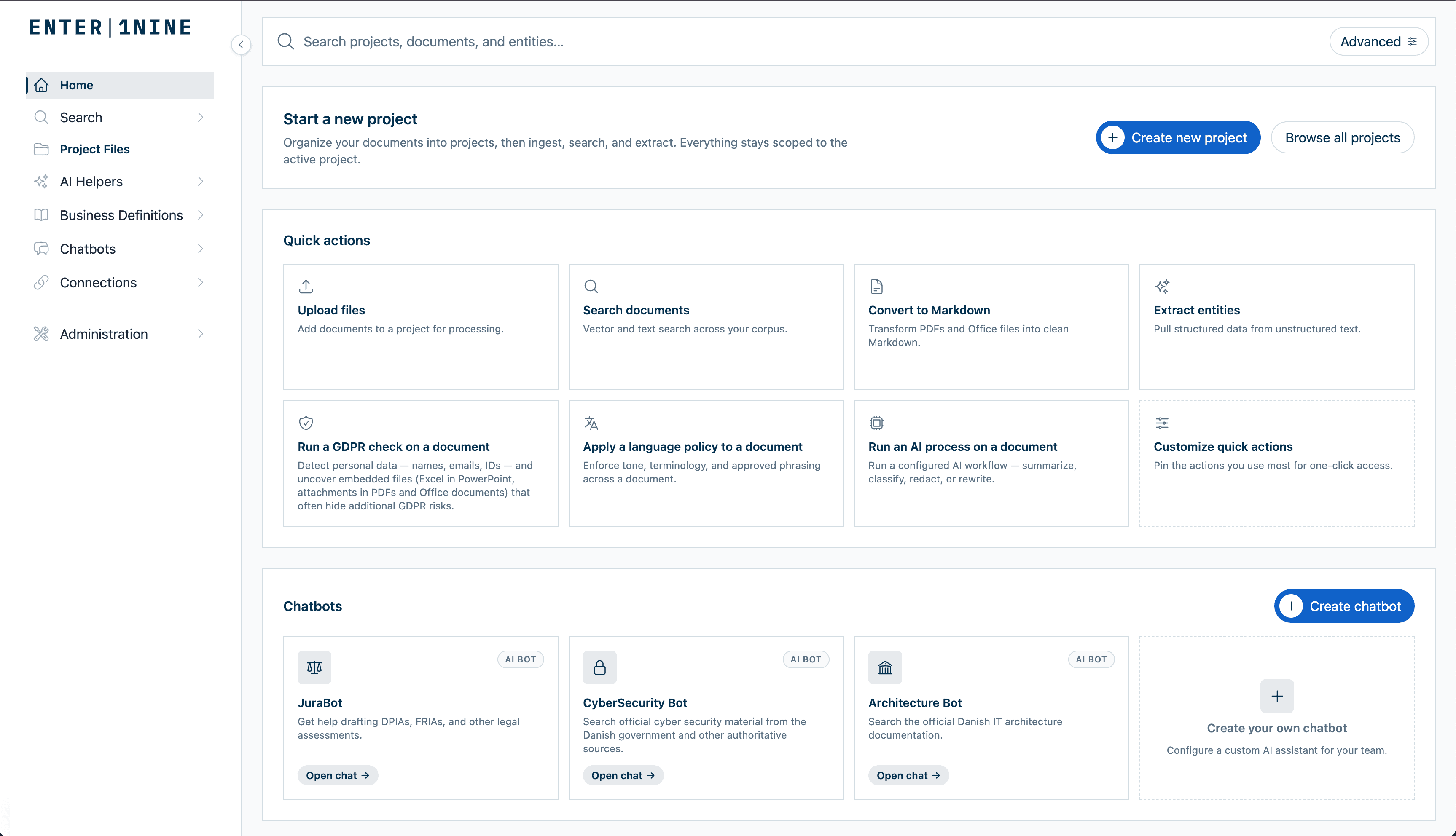 Enter1Nine dashboard showing projects, quick actions, and chatbots.